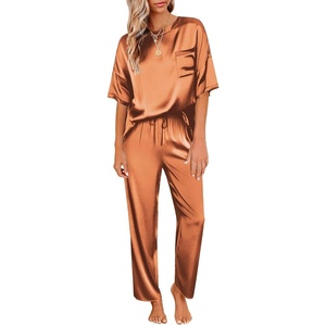 Ekouaer Pajamas for Women Set Silky Satin 2 Piece Lounge Sets with Pockets(Caramel)