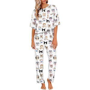 Ekouaer Pajamas for Women Set Silky Satin 2 Piece Lounge Sets with Pockets(Funny Cat)