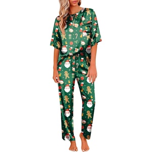 Ekouaer Pajamas for Women Set Silky Satin 2 Piece Lounge Sets with Pockets(Green Christmas)