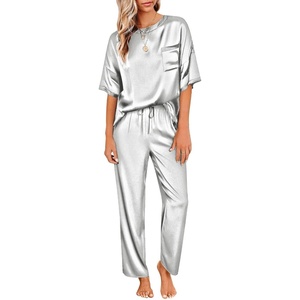 Ekouaer Pajamas for Women Set Silky Satin 2 Piece Lounge Sets with Pockets(Light Grey)