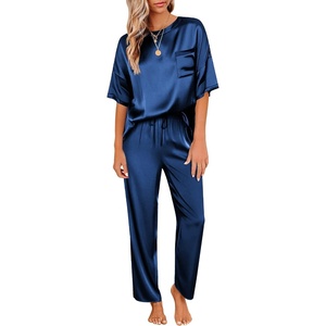Ekouaer Pajamas for Women Set Silky Satin 2 Piece Lounge Sets with Pockets(Navy Blue)