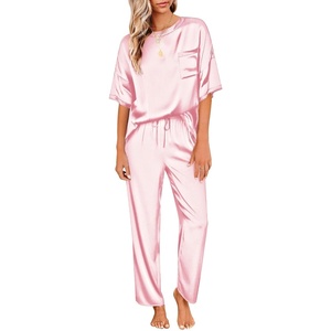 Ekouaer Pajamas for Women Set Silky Satin 2 Piece Lounge Sets with Pockets(Pink)