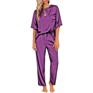 Ekouaer Pajamas for Women Set Silky Satin 2 Piece Lounge Sets with Pockets(Purple)