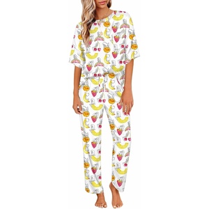 Ekouaer Pajamas for Women Set Silky Satin 2 Piece Lounge Sets with Pockets(Tropical Fruit)