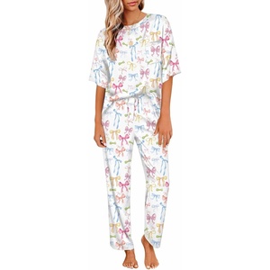 Ekouaer Pajamas for Women Set Silky Satin 2 Piece Lounge Sets with Pockets(Watercolor Bow)