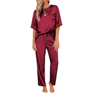 Ekouaer Pajamas for Women Set Silky Satin 2 Piece Lounge Sets with Pockets(Wine Red)