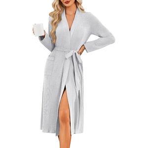 Ekouaer Robe for Women Long Knit Kimono Bathrobe Soft Lightweight Sleepwear(Light Gray)