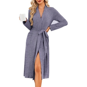 Ekouaer Robe for Women Long Knit Kimono Bathrobe Soft Lightweight Sleepwear(Navy)