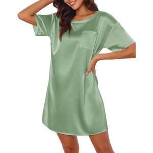 Ekouaer Silk Nightgown for Women Short Sleeve Satin Sleep Shirts(Grey Green)
