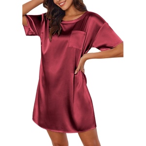 Ekouaer Silk Nightgown for Women Short Sleeve Satin Sleep Shirts(Wine Red)