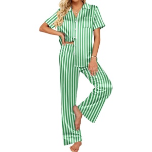 Ekouaer Silk Pajamas for Womens Set 2 Piece Fall Pjs Button Down Sleepwear(Green White Stripe)