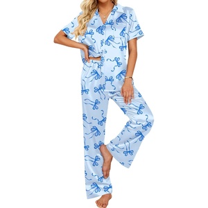 Ekouaer Silk Pajamas for Womens Set 2 Piece Fall Pjs Button Down Sleepwear(Light Blue-bow)