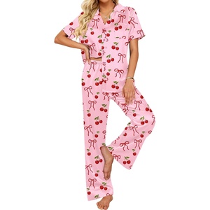 Ekouaer Silk Pajamas for Womens Set 2 Piece Fall Pjs Button Down Sleepwear(Pink-cherry Bow)