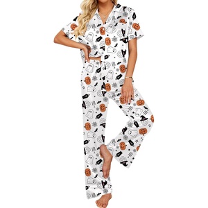 Ekouaer Silk Pajamas for Womens Set 2 Piece Fall Pjs Button Down Sleepwear(White-halloween)