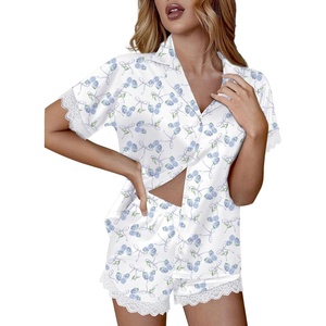 Ekouaer Women Lace Satin Pajama Set Button Down Silk Pjs Shorts Set XS-XXL(Blue Bow Hydrangea)