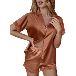 Ekouaer Women Lace Satin Pajama Set Button Down Silk Pjs Shorts Set XS-XXL(Brown)