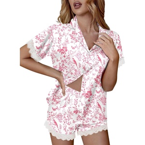 Ekouaer Women Lace Satin Pajama Set Button Down Silk Pjs Shorts Set XS-XXL(Pink Chinoiserie)