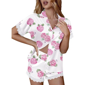 Ekouaer Women Lace Satin Pajama Set Button Down Silk Pjs Shorts Set XS-XXL(Pink Hydrangea)