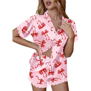 Ekouaer Women Lace Satin Pajama Set Button Down Silk Pjs Shorts Set XS-XXL(Red Bow)