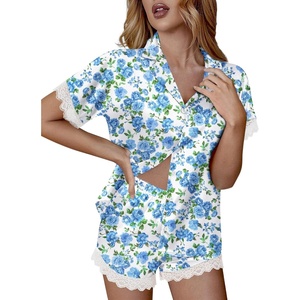 Ekouaer Women Lace Satin Pajama Set Button Down Silk Pjs Shorts Set XS-XXL(Vintage Floral Blue)