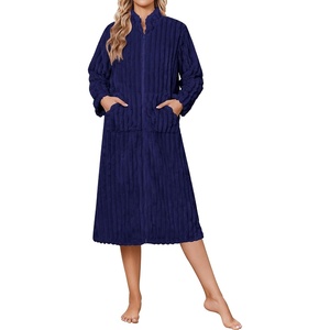 Ekouaer Women Plush Robe Zip Up Bathrobe Fleece Warm Housecoat with Pockets(Navy Blue)