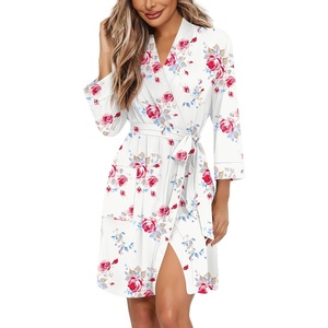 Ekouaer Women Robes Bathrobe Short Kimono Robe Soft Bathrobes with Pockets(White Red Flowers)