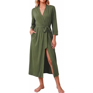 Ekouaer Women Robes Long Knit Bathrobe Soft Kimono Loungewear with Pockets(Army Green)