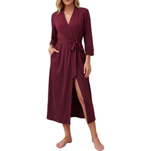 Ekouaer Women Robes Long Knit Bathrobe Soft Kimono Loungewear with Pockets(Dark Red)