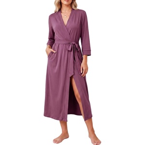 Ekouaer Women Robes Long Knit Bathrobe Soft Kimono Loungewear with Pockets(Purple Red)