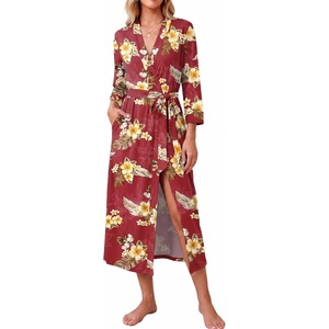 Ekouaer Women Robes Long Knit Bathrobe Soft Kimono Loungewear with Pockets(Red Floral)