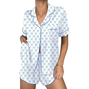 Ekouaer Women Satin Pajama Sets Cute Print Silk Pjs Shorts Sets S-4XL(Blue Bow)