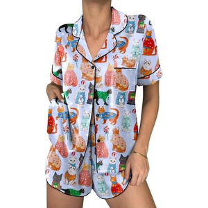 Ekouaer Women Satin Pajama Sets Cute Print Silk Pjs Shorts Sets S-4XL(Cat Print)