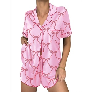 Ekouaer Women Satin Pajama Sets Cute Print Silk Pjs Shorts Sets S-4XL(Pink With Red Bow)