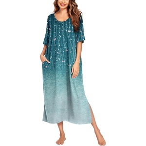Ekouaer Womens Long Nightgown Short Sleeve Night Shirt Plus Size Sleepwear(Blue Green Floral)