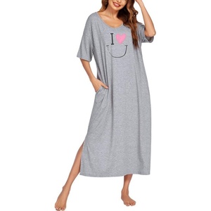 Ekouaer Womens Long Nightgown Short Sleeve Night Shirt Plus Size Sleepwear(Grey)