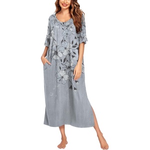 Ekouaer Womens Long Nightgown Short Sleeve Night Shirt Plus Size Sleepwear(Grey Floral)
