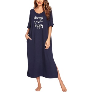 Ekouaer Womens Long Nightgown Short Sleeve Night Shirt Plus Size Sleepwear(Navy Blue)