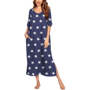 Ekouaer Womens Long Nightgown Short Sleeve Night Shirt Plus Size Sleepwear(Star Print)