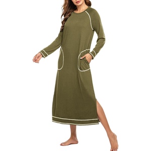 Ekouaer Women’s Long Sleeve Nightgown Full Length Nightshirt with Pockets(A-arm Green)