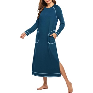 Ekouaer Women’s Long Sleeve Nightgown Full Length Nightshirt with Pockets(A-dark Blue)