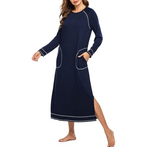 Ekouaer Women’s Long Sleeve Nightgown Full Length Nightshirt with Pockets(A-navy Blue)