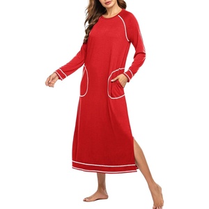 Ekouaer Women’s Long Sleeve Nightgown Full Length Nightshirt with Pockets(A-red)
