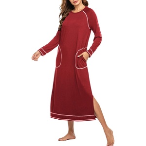 Ekouaer Women’s Long Sleeve Nightgown Full Length Nightshirt with Pockets(A-wine Red)