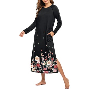 Ekouaer Women’s Long Sleeve Nightgown Full Length Nightshirt with Pockets(Black Flower)