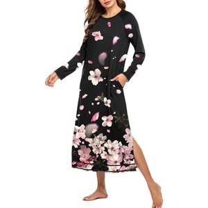 Ekouaer Women’s Long Sleeve Nightgown Full Length Nightshirt with Pockets(Black Pink Floral)