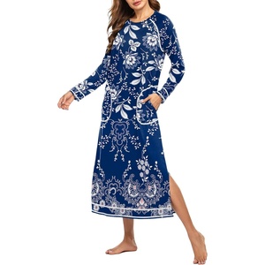 Ekouaer Women’s Long Sleeve Nightgown Full Length Nightshirt with Pockets(Navy Blue Flower)