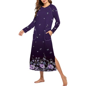 Ekouaer Women’s Long Sleeve Nightgown Full Length Nightshirt with Pockets(Purple Floral)