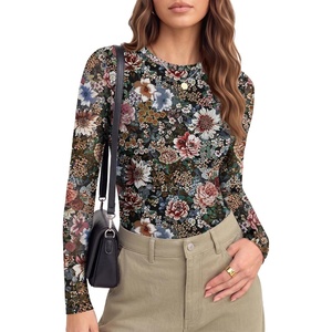 Ekouaer Womens Mesh Long Sleeve Tops Fall Fashion Crew Neck Slim Fit Shirts(Floral Fierce)