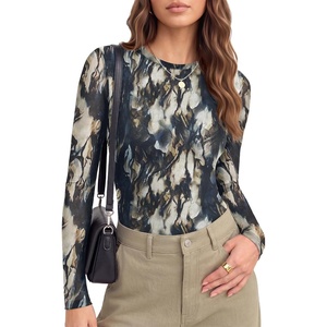 Ekouaer Womens Mesh Long Sleeve Tops Fall Fashion Crew Neck Slim Fit Shirts(Tie Dye)