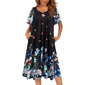 Ekouaer Womens Nightgown House Dress with Pockets Short Sleeve Moo Moos(Black Color Butterfly)